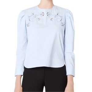 Sandro‎ Blouse Women’s Size Large Light Sky Blue Embroidery Puff Sleeves Cotton